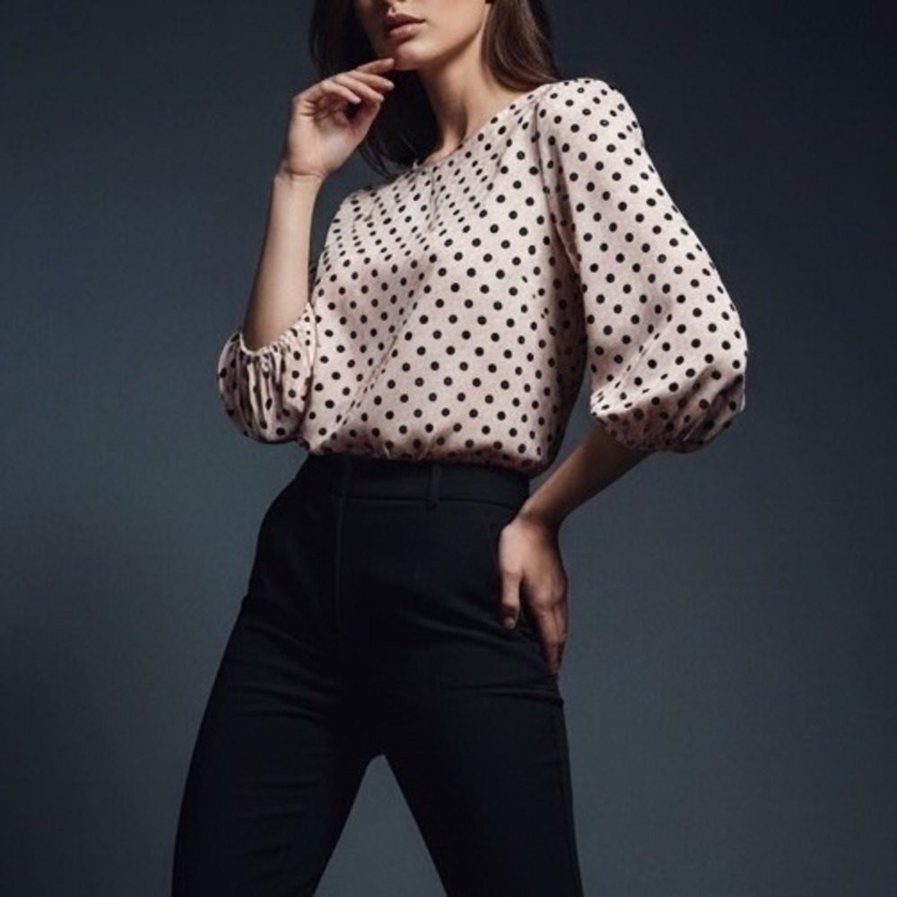 Womens L ADRIANNA PAPELL Blouse Top Pink Black Polka Dot Long Sleeve Cottage
